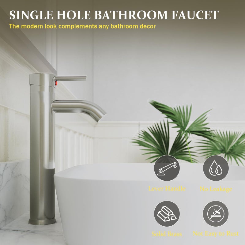 Green Spring Greenspring Brushed Nickel Bathroom Faucets, Vessel Sink Faucet One Hole Single Handle Modern Lavatory Commercial Bath Vanity Bowl Faucets Tall Body with Pop Up Drain and Supply Line, Brass - Image 3